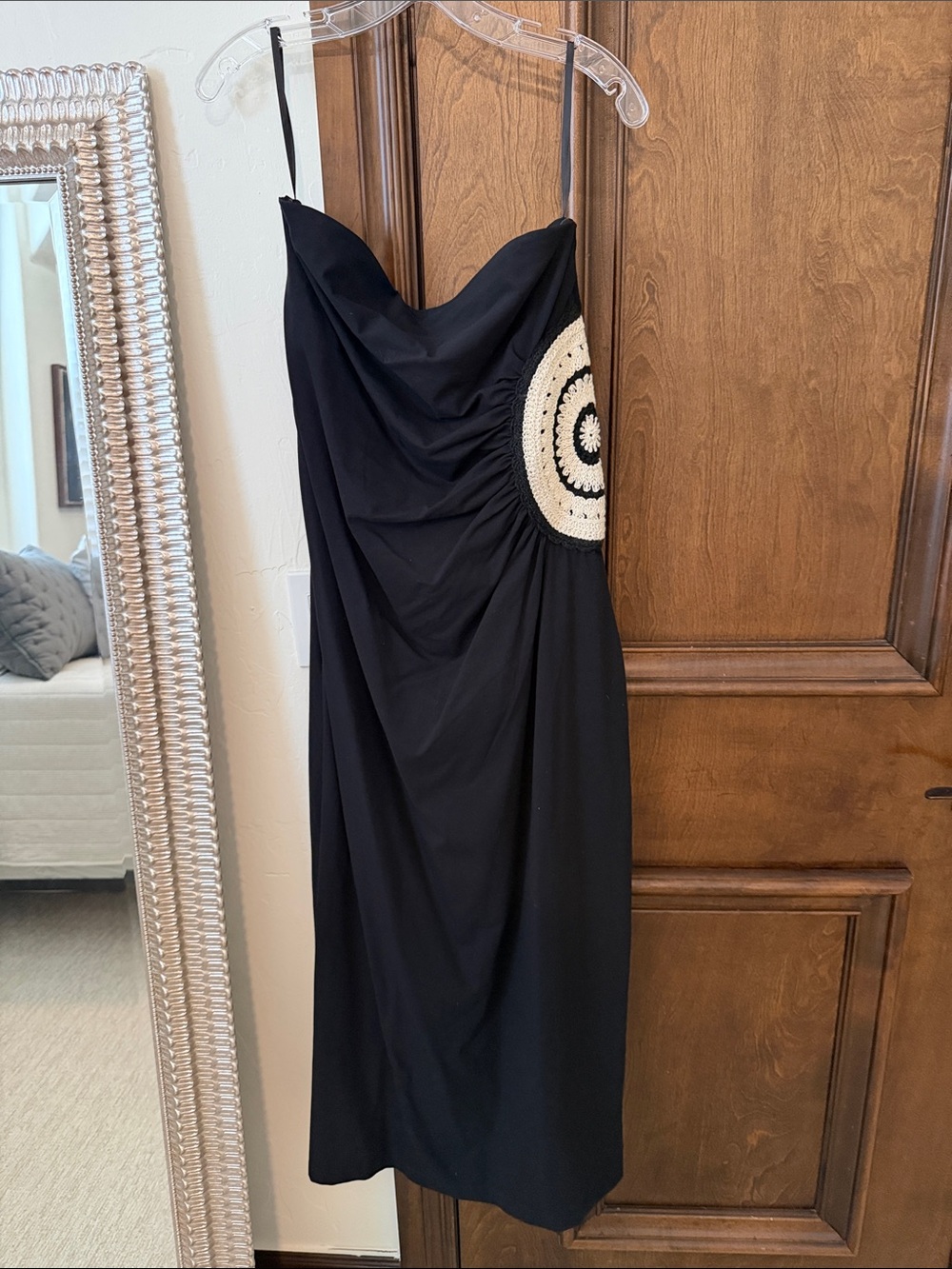 LOFT Black Strapless Midi Dress with Cream Crochet Accent